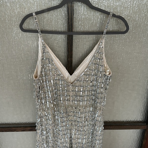 MAC DUGGAL 5394 BEAD EMBELLISHED COLUMN NUDE/SILVER GOWN sz 10 - Picture 15 of 16
